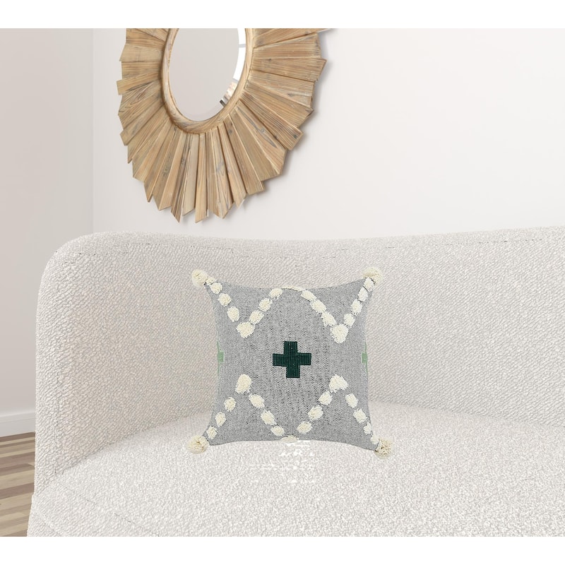 HomeRoots 20" X 20" Black Off-White And Green 100% Cotton Geometric Zippered Pillow