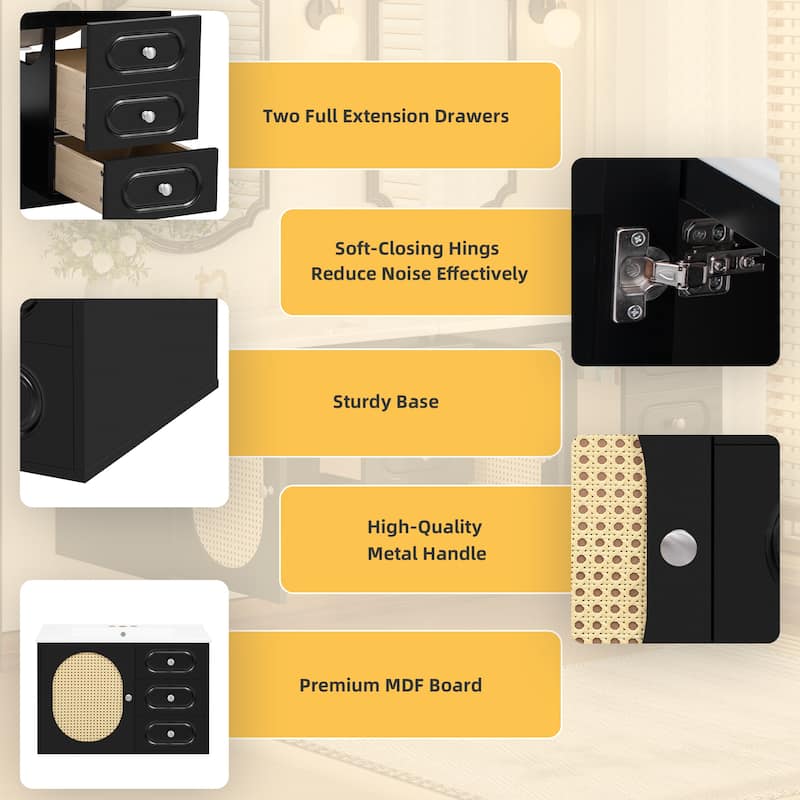 Floating Storage Cabinet with Rattan Accents Bathroom Vanity with Ceramic Sink, 2 Full-Extension Drawers and Soft-Close Hinges