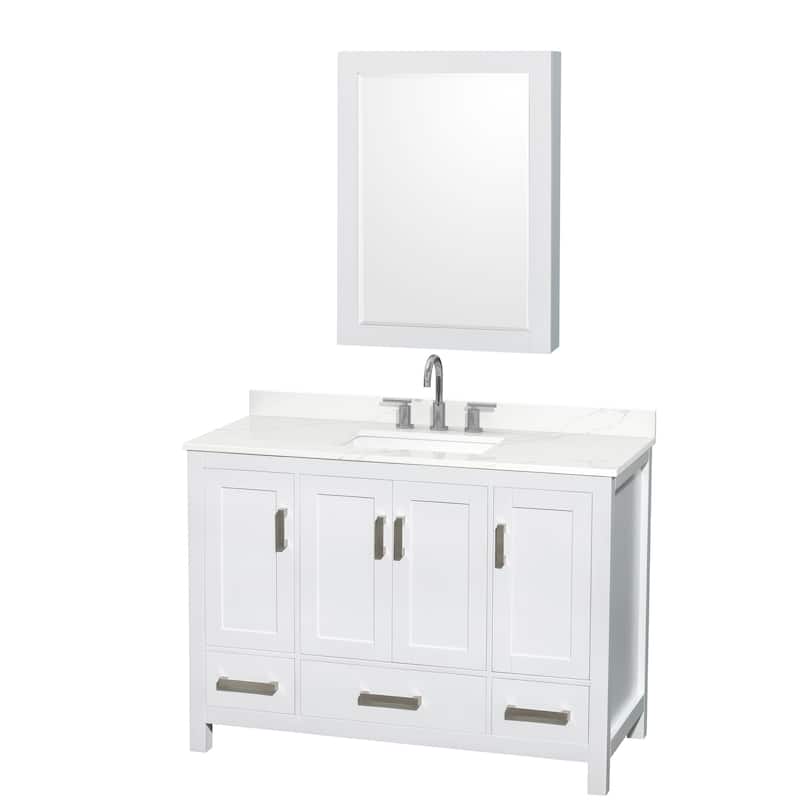 Sheffield 48-inch Single Vanity, 3 Hole Quartz Top, Med Cabinet - White, Chrome Trim, Giotto Quartz Top