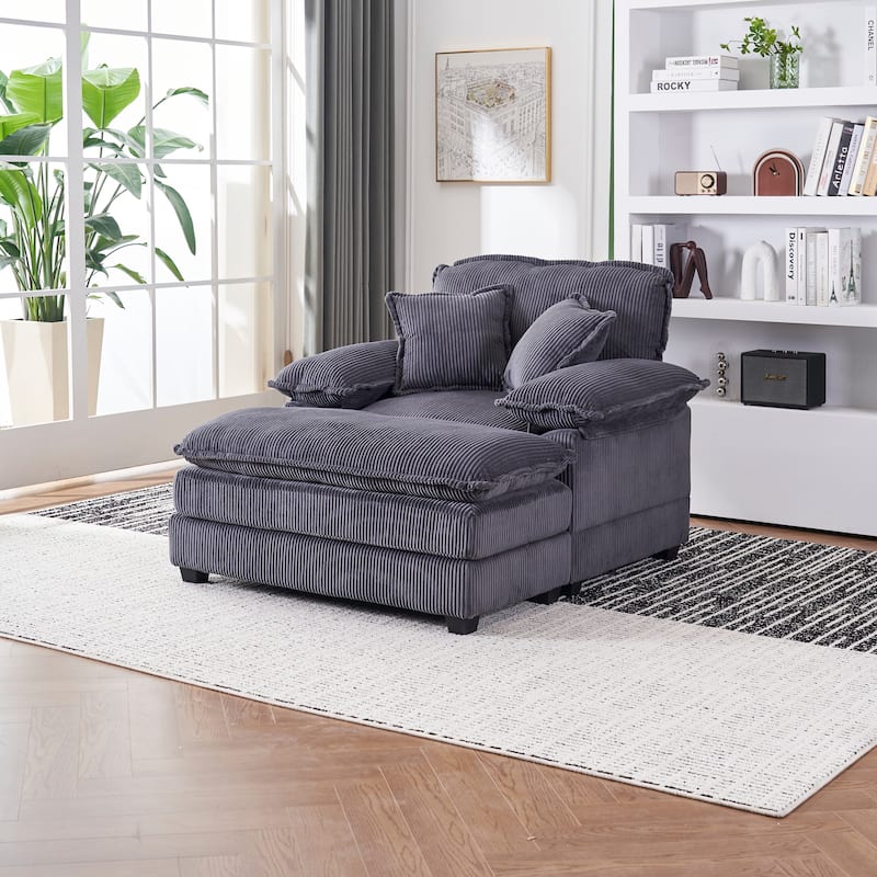56.3" Corduroy Single Sofa Chair with 2 Toss Pillows & a Ottoman - Grey