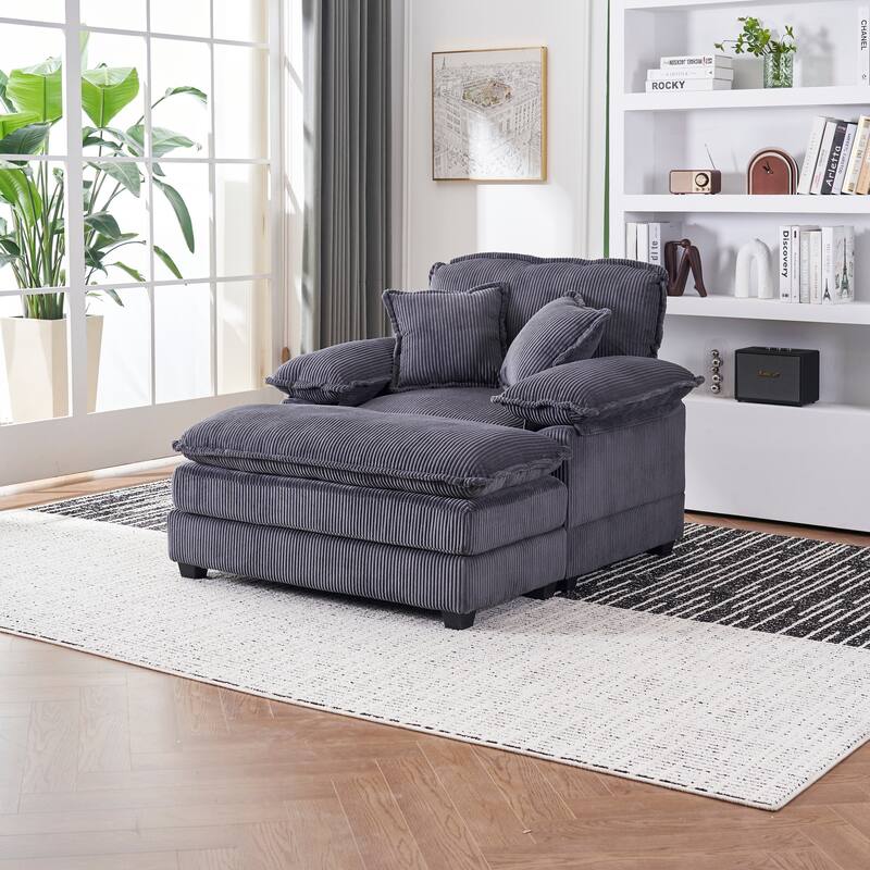 Deep Seat Accent Chair & Ottoman Set of 2, Reclining Sofa Chair, Corduroy Upholstered Chaise Lounge Couch with 2 Toss Pillows