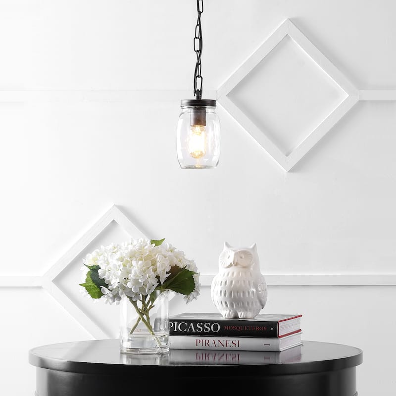 Gaines 5.5" 1-Light Farmhouse Industrial Iron Mason Jar LED Pendant, Oil Rubbed Bronze/Clear by JONATHAN Y