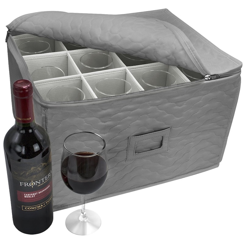 Stemware Wine Glass Storage Chest - Deluxe Quilted Microfiber Holds 12 Glasses (Beige / Gray) - Grey