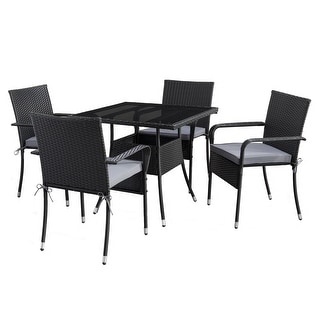 CorLiving Parksville Square Patio Dining Set- Stackable Chairs - Black Finish/Ash Grey Cushions 5pc