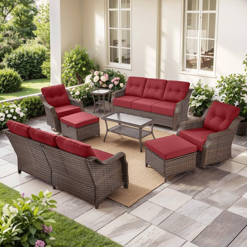 8PCS Outdoor Sofa Glider Chair Table and Ottoman - Brown Wicker & Red Cushion - 8PCS Sofa Glider Chair Table and Ottoman