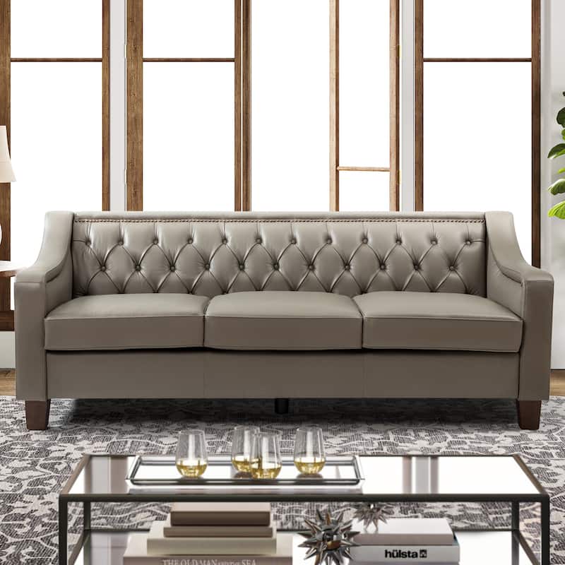 Mateo 82.28" Wide Transitional Genuine Leather Sofa with Nailhead Trim and Button-Tufted Back