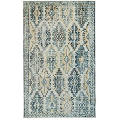 Kezia Vintage Style Kazak Rug, River Blue/Vanilla Beige