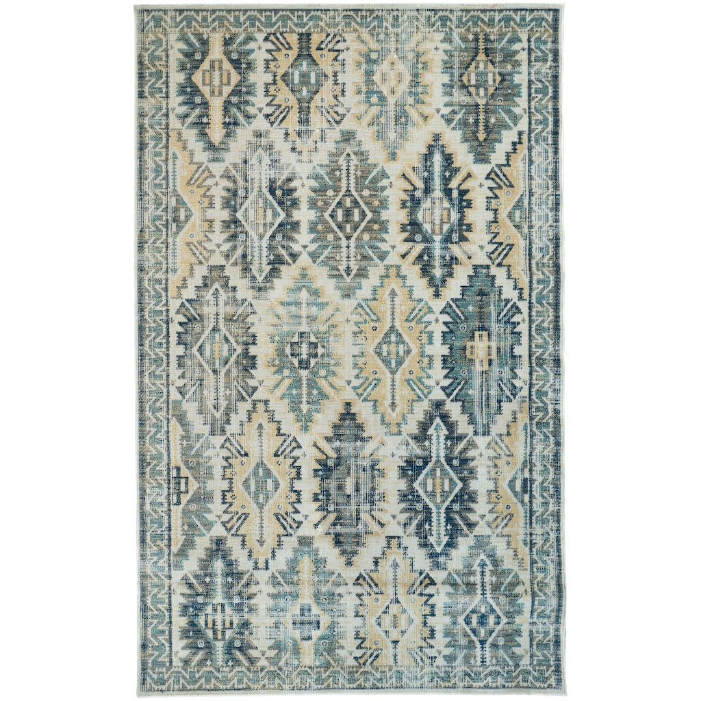 Kezia Vintage Style Kazak Rug, River Blue/Vanilla Beige