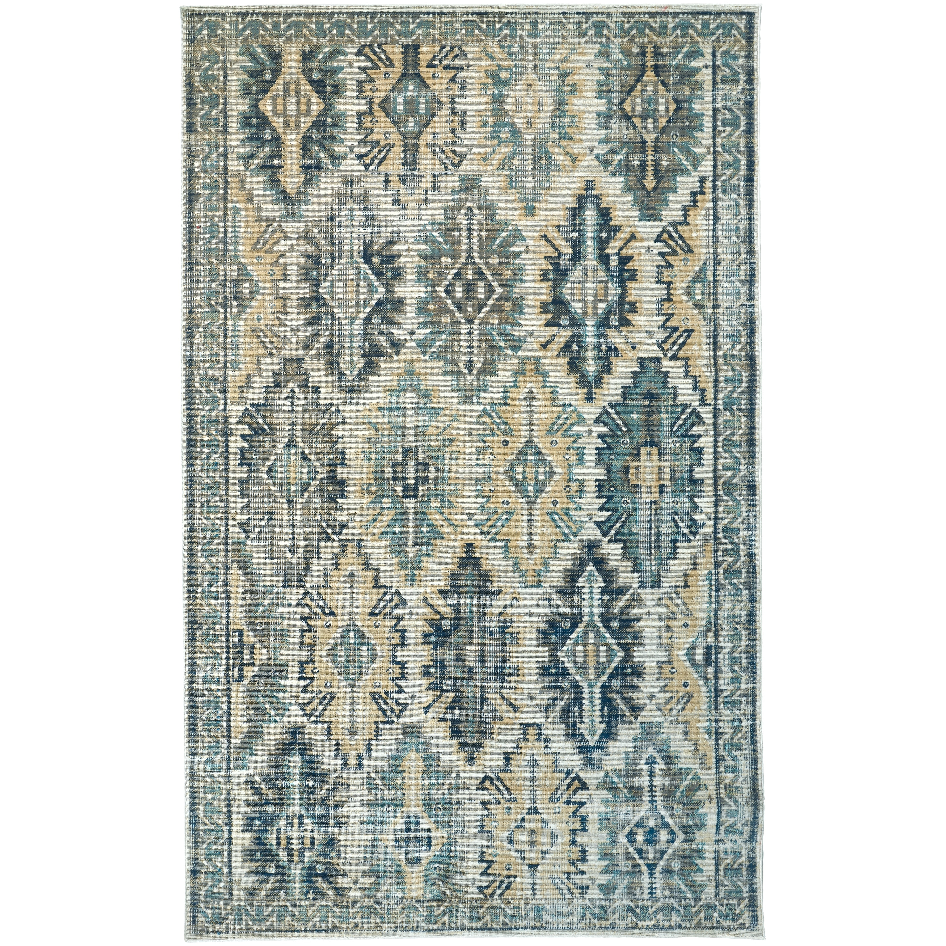 Kezia Vintage Style Kazak Rug, River Blue/Vanilla Beige