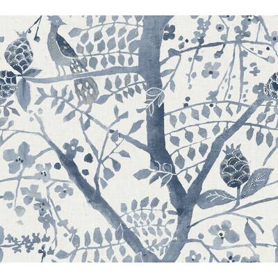 Edinburgh Blue Non-Woven Unpasted Bohemian Peacock Block Print Wallpaper Covers about 60.75 sq. ft.