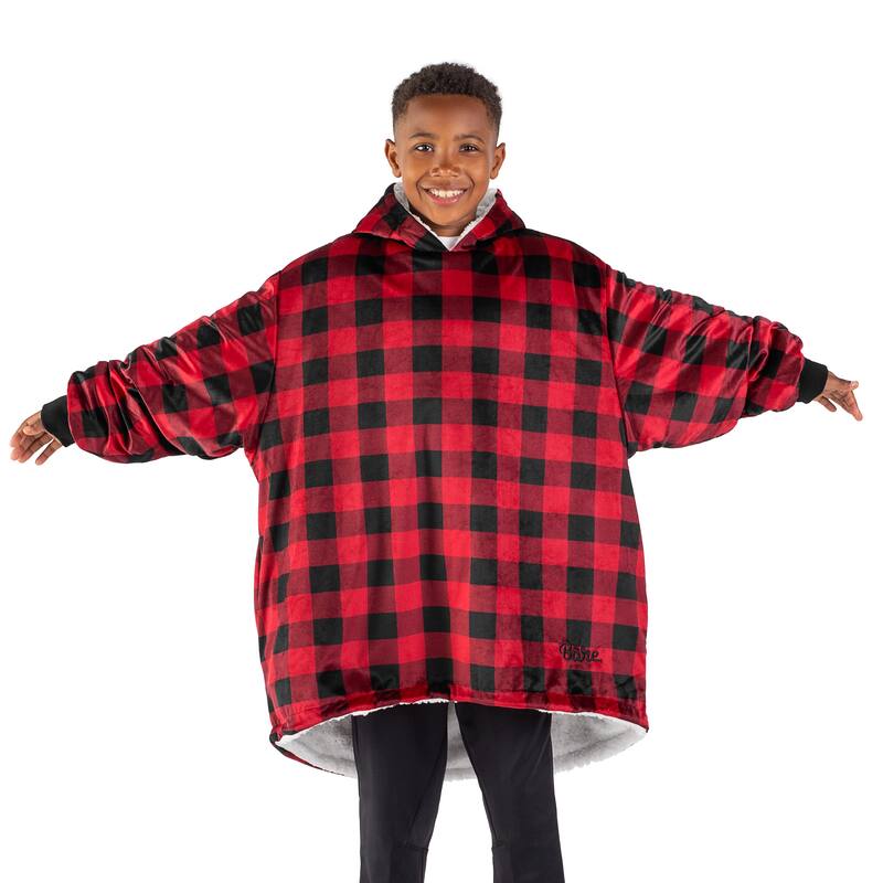 Bare Homey B-Cozy Oversized Sherpa Wearable Blanket - Youth - Buffalo Plaid - Red/Black