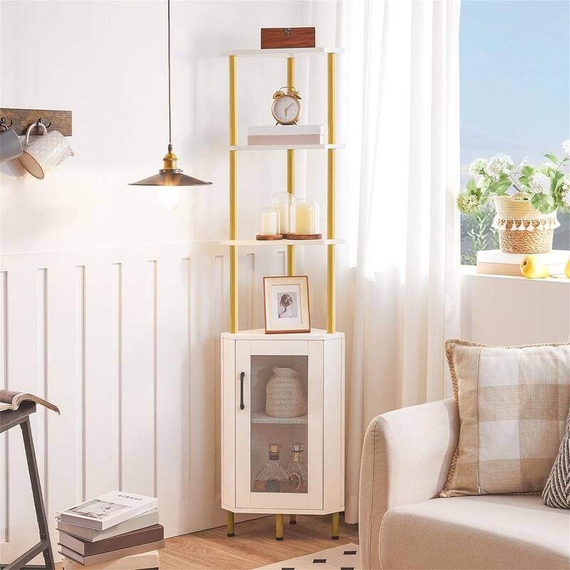 Corner Shelf with Storage - 11.8"D x 11.8"W x 64.8"H - White + Gold