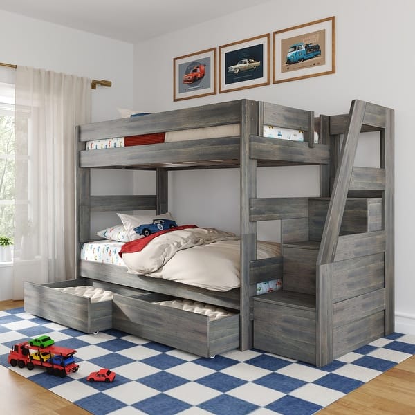 slide 2 of 16, Max and Lily Modern Farmhouse Twin Over Twin Bunk Bed With Staircase and Storage Drawers Driftwood