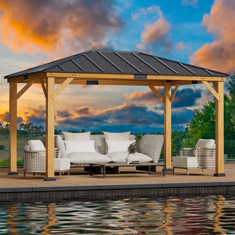 Hardtop Wood Gazebo for Patio, Outdoor Cedar/Spruce Pergola with Metal or Asphalt Roof, All-Weather Backyard Shelter