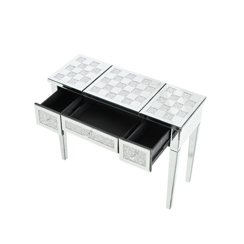 Mirrored Makeup Vanity Desk with Crushed Diamond Inlay, Silver Dressing Table with Flip-Top Mirror, Glass Console Table