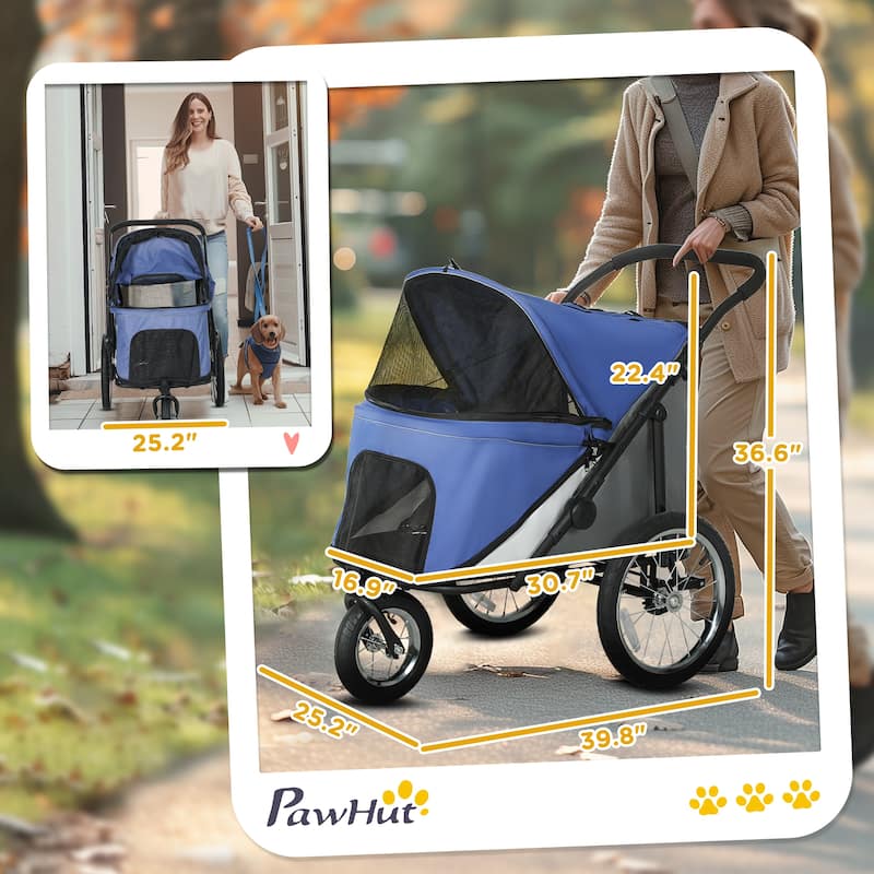 PawHut Dog Stroller, Pet Stroller 3 Wheels with Easy One-Hand Fold, Rubber Wheels, Storage Bag, Soft Cushion, Safety Leash
