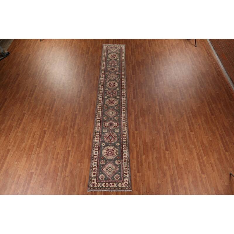 Gray Kazak Runner Rug Hand-Knotted Wool Carpet - 2'8" x 16'3"