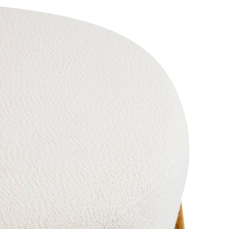 Modish White Round Boucle Ottoman with Splayed Rubber Wood Legs