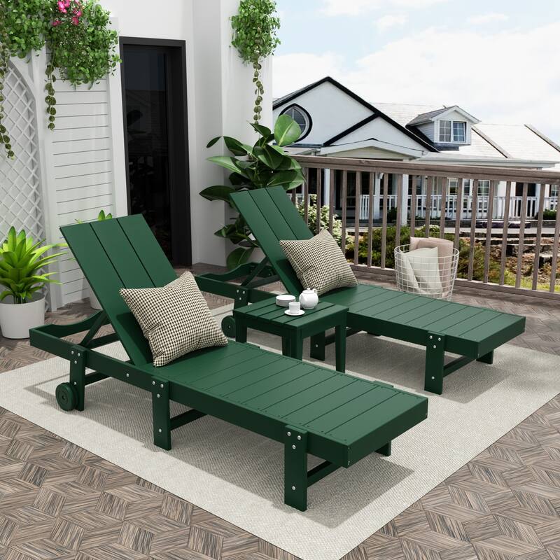 Polytrends Shoreside Modern Poly Eco-Friendly All Weather Reclining Chaise Lounge With Wheels and Side Table (2-Piece Set)