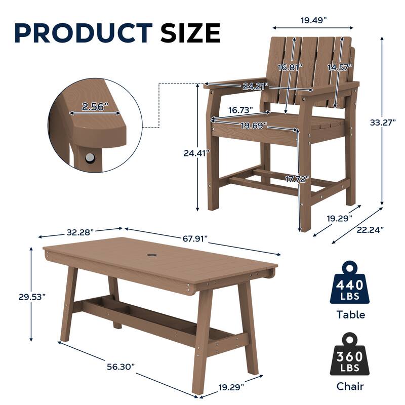 7-Piece HDPE Outdoor & Indoor Dining Set, Rectangular 67.91in W Table with Umbrella Hole and 6 Chairs Set of 7, Wood-Look Finish