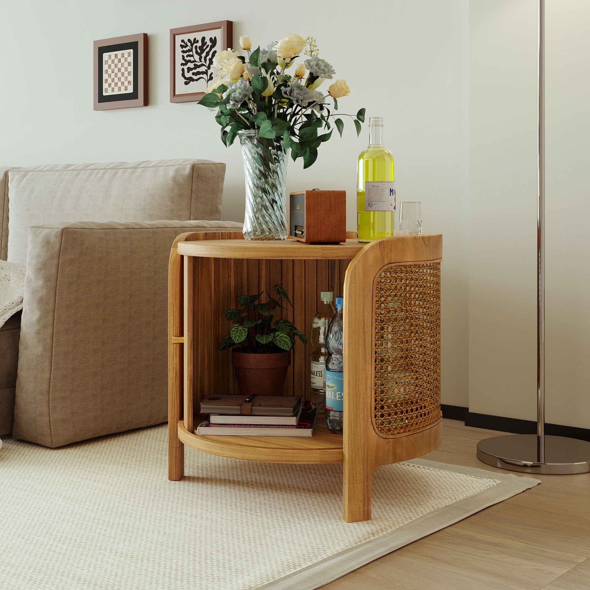 Coffee Table Modern Round Rotating Coffee Table With Rattan & Hidden Storage