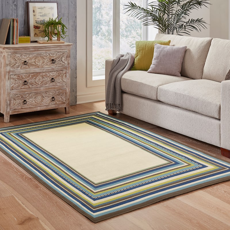 Vista Home Catalina Multi-Border Indoor-Outdoor Ivory/Blue Rug-- - 3'7" x 5'6"