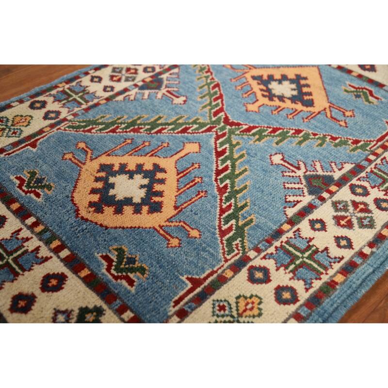 Blue Kazak Oriental Foyer Rug Handmade Geometric Wool Carpet - 2'0" x 3'0"
