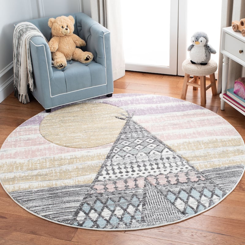 SAFAVIEH Carousel Kids Zheng Boho Rug - 6'7" Round - Grey/Pink