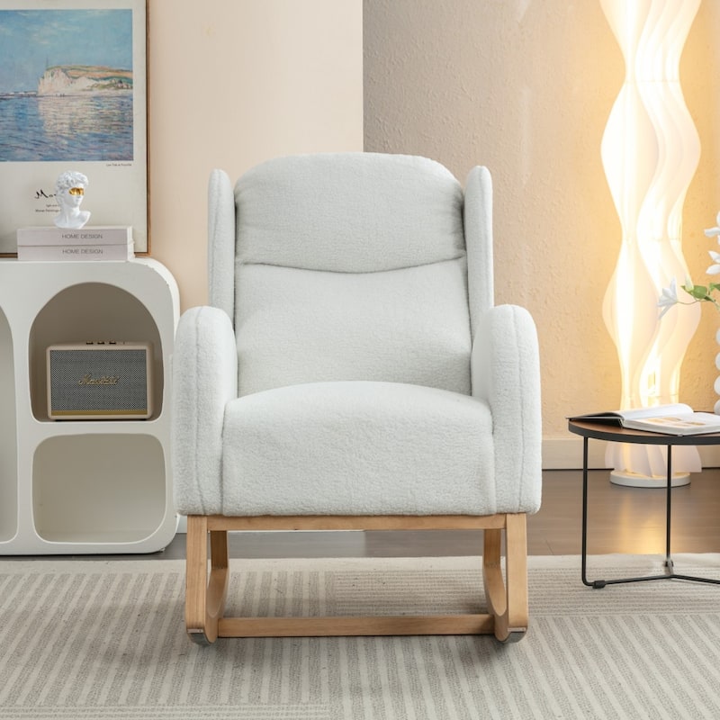 Modern Teddy Fabric Home Rocking Chair with Wood Leg, Tufted High Back