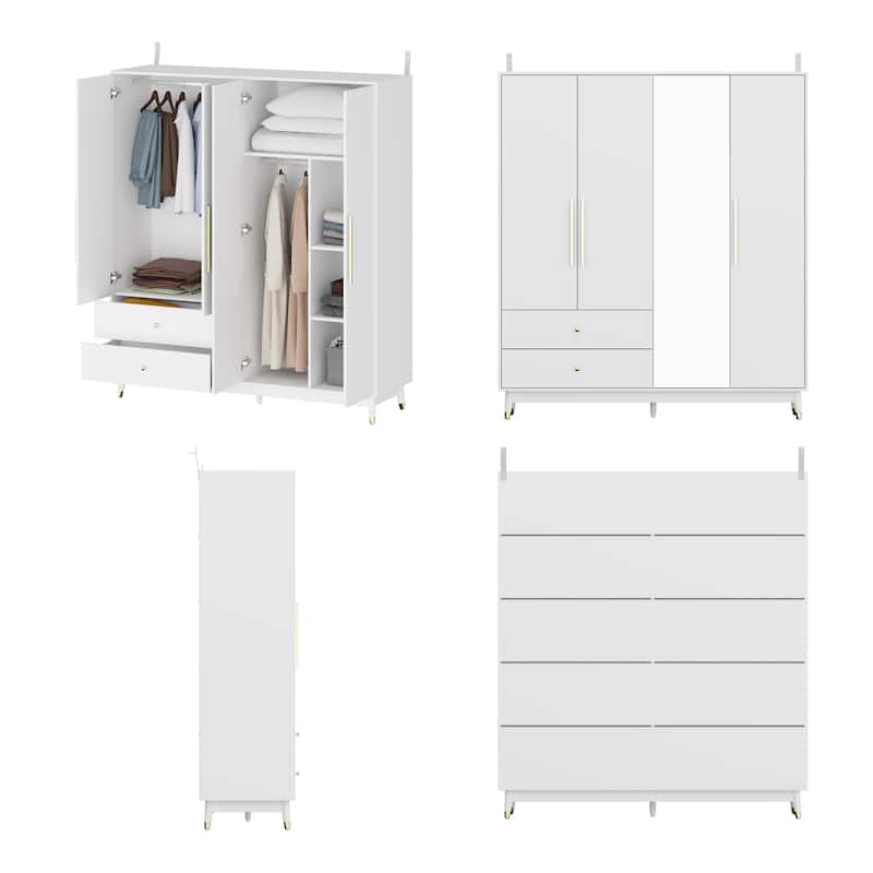 Wooden 2 Drawers 4 Doors Wardrobe Armoire With Mirror (Gray/Black)