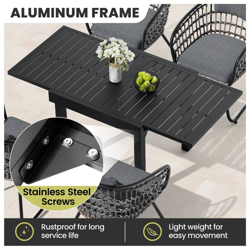 5/7/11-Piece Set Outdoor Aluminum Extendable Patio Dining Table Set with Rattan Chairs
