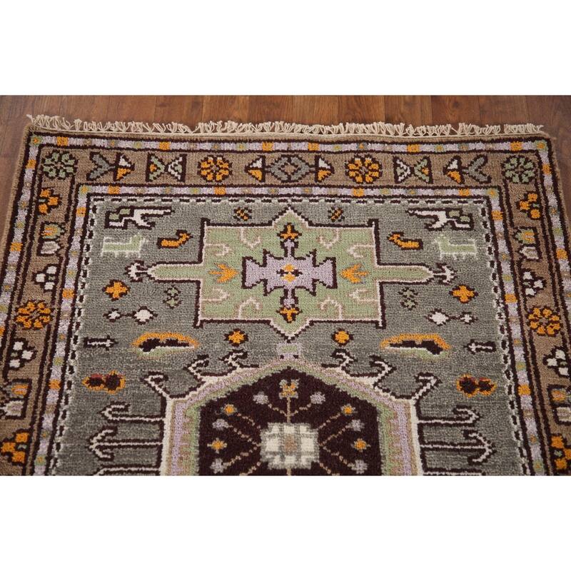 Geometric Grey Kazak Indian Rug Hand-Knotted Wool Carpet - 3'0"x 5'0"