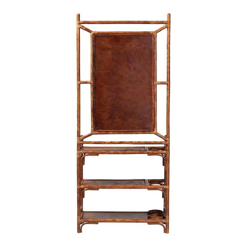 Feyre Marbled Tortoise Natural Rattan Hall Tree - Handcrafted Wicker Entryway Organizer with Mirror, Shelving and Hooks