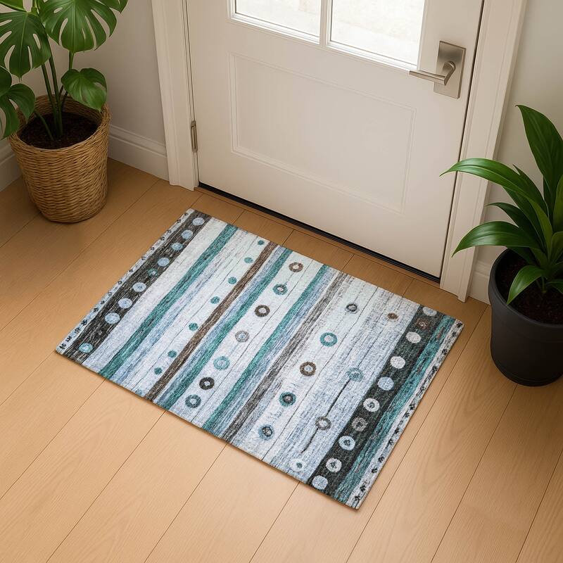 Premium Washable Super Soft Global Stripes Mayfield Rug - Teal - 1'8" x 2'6"