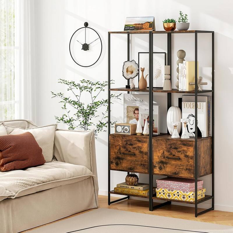 4-Tier Bookshelf w/ Drawer 62.5" Tall Narrow Bookcase w/ Metal Frame