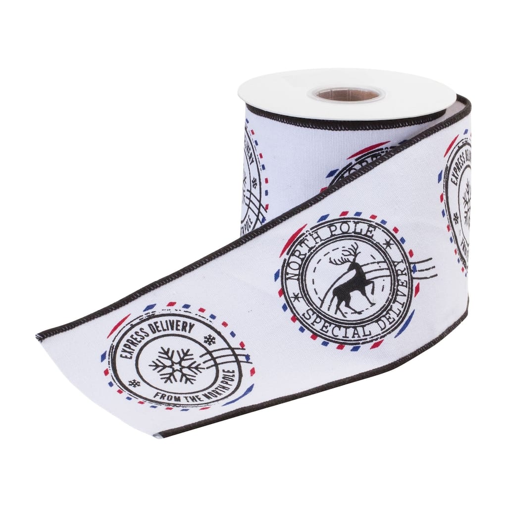 Christmas Postal Wired Craft Ribbon - 4" x 5 Yards - White and Black