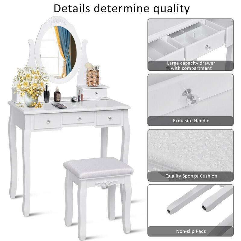 Gymax Bedroom Wooden Mirrored Makeup Vanity Set Stool Table Set White
