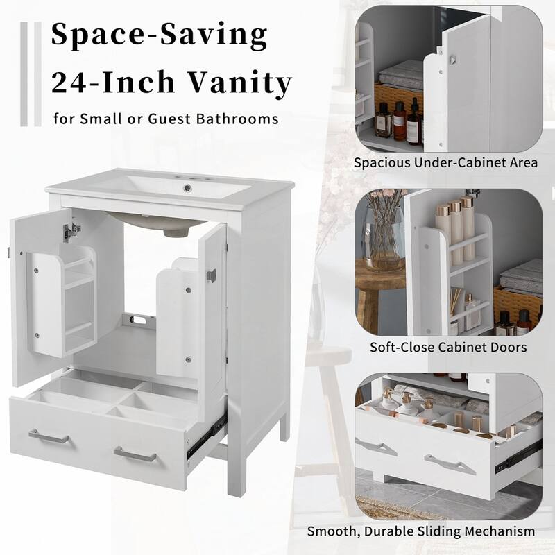 bathroom vanity with integrated undermount basin and a storage cabinet featuring 2 doors and 1 drawer