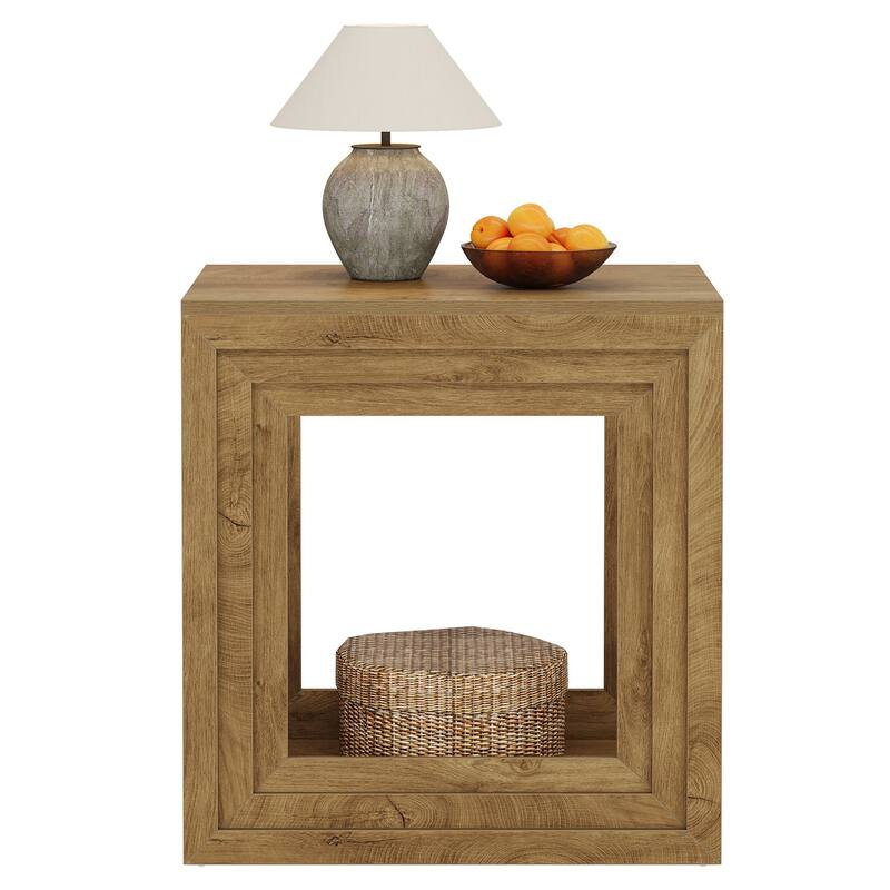 Farmhouse End Table with 2-Tier Storage, 24” Square Wooden Side Table