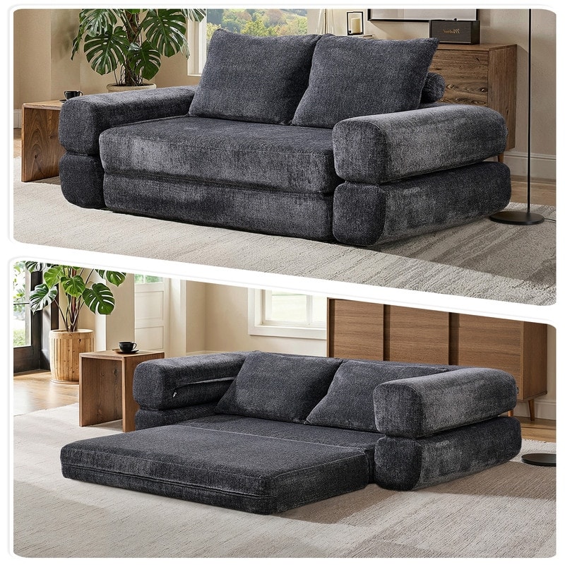 Modern Chenille Convertible Sofa Bed Queen Size Split Back Design