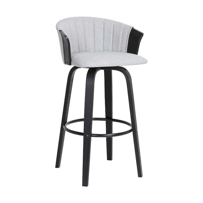 Oja 30 Inch Swivel Barstool Chair, Light Gray Fabric, Curved, Black Wood On Sale Bed Bath