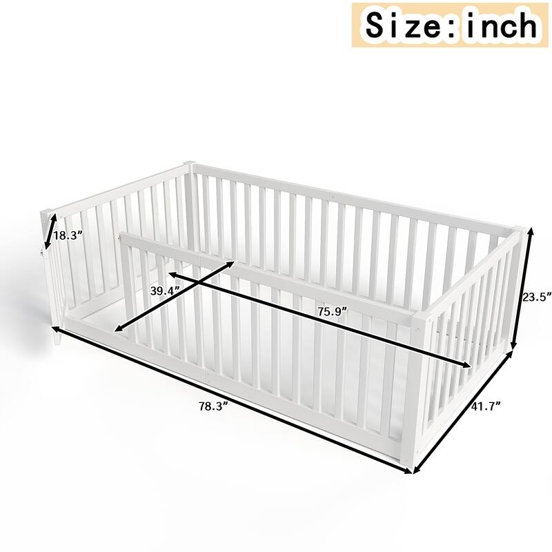 Montessori Floor Bed with Safety Guardrails & Door, Kids Low Profile Frame, Available in Queen/Full/Twin