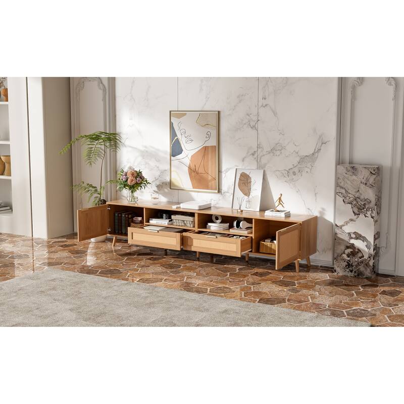 Roomfitters Rattan TV Stand for TVs up to 90 Inch, Modern Farmhouse Media Console with Solid Wood Legs, Walnut