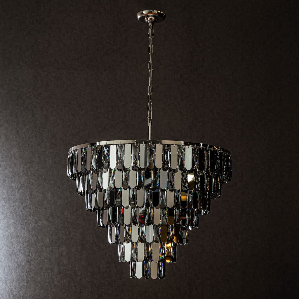 CraftHome Dimmable Modern Smoked Crystal Chandelier Contemporary Round Polished Nickel Pendant Light Fixture