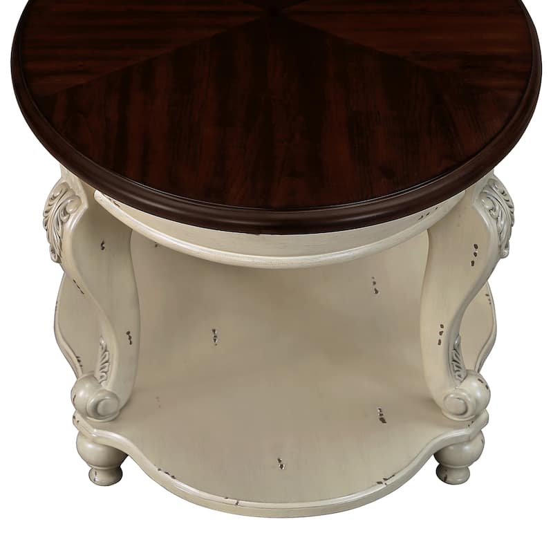22'' Retro Round End Table,Solid Wood Sofa Side Table with Shelf,Living Room Corner Table Easy Assemble,Cherry