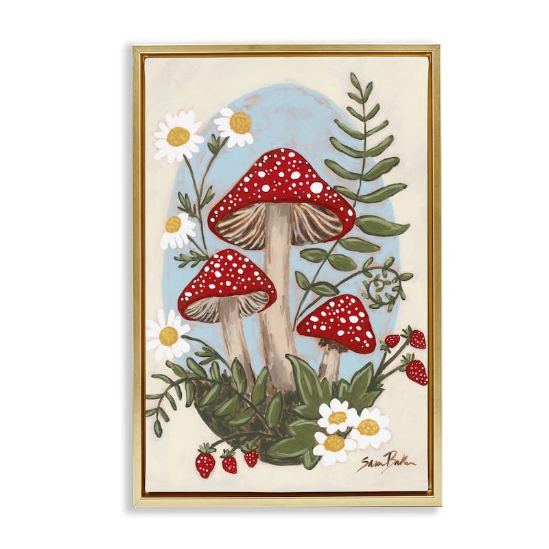Stupell Cottage Mushrooms & Blooms Framed Floater Canvas Wall Art Design By Sara Baker - 17 x 25 - Gold