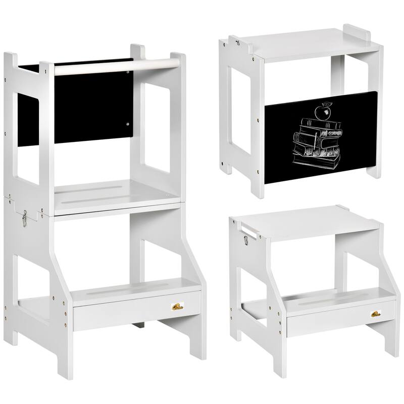 Kids Kitchen Step Stool, 2 in 1 Kitchen Table Set Toddler Standing Tower with Chalkboard, Safety Rail - Off-White+Grey