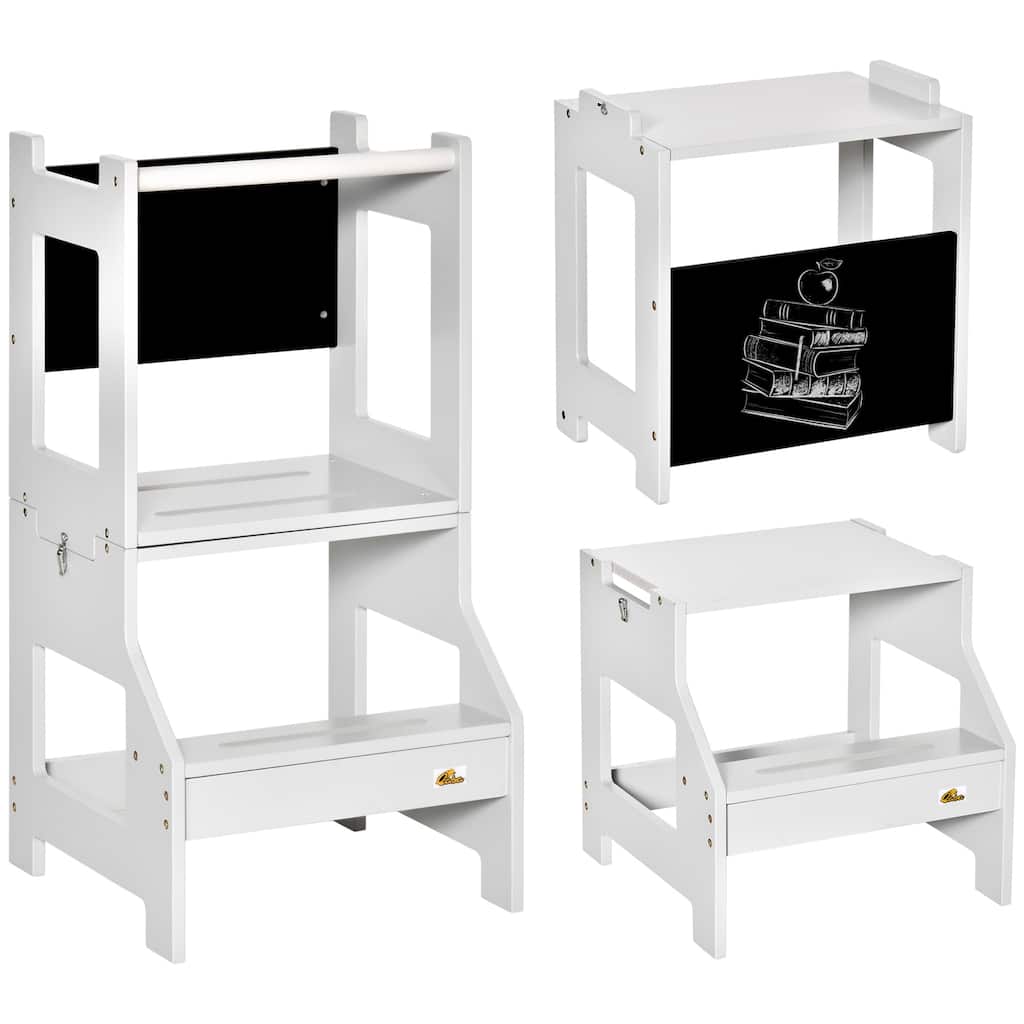 Kids Kitchen Step Stool, 2 in 1 Kitchen Table Set Toddler Standing Tower with Chalkboard, Safety Rail