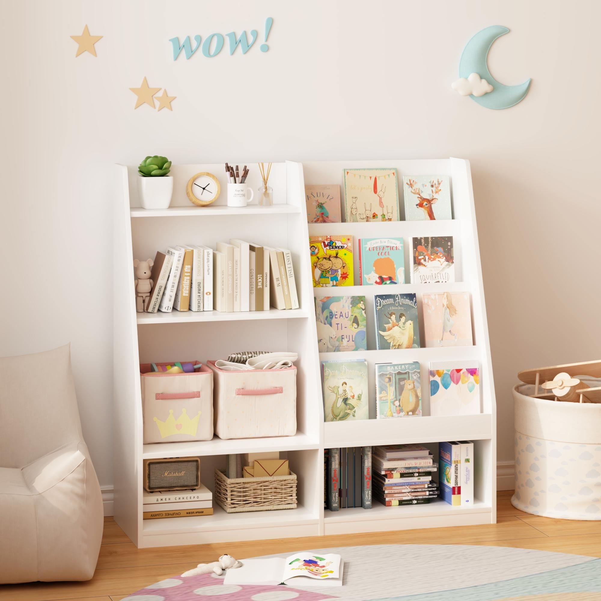 Kids Bookshelf and Toy Storage Organizer, Multifunctional 4 Tier Wooden Kids Book Shelf with Bookcase Display Stand