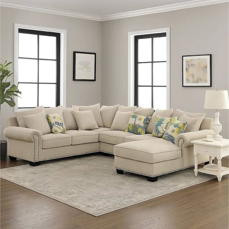 Nailhead Trim Fabric Upholstered Sectional Sofa with Rolled Armrests, Beige